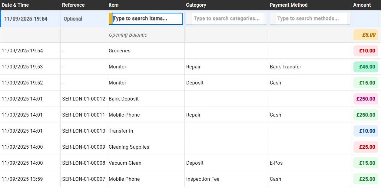 Transaction log entry screen with categories, payment and payee options